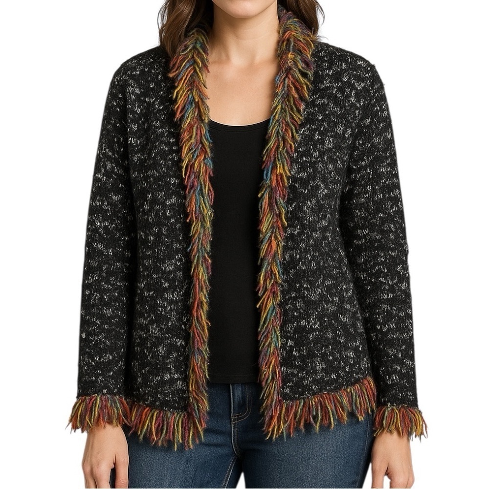 Chico’s Fringe Cardigan Size 1 Black Marled Knit Multicolor Boho Jacket